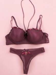 Beautiful Bra And Thong Set With Details In Mesh Fabric With Metal Appliqués, Sexy Lingerie, Various Colors, Comfortable And Of The Best Quality, Soft And Comfortable, To Show Off That Incredible Body. - 中紫紅色 - 查看 1