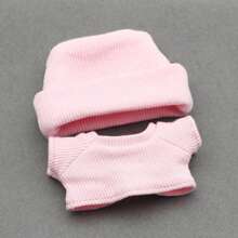 (Solo Atuendo, Sin Muñeca) Conjunto de Atuendo de Muñeca de Peluche de Fiesta de 17 CM: Gorro de Punto de Puño Acanalado + Camiseta de Punto de Moda