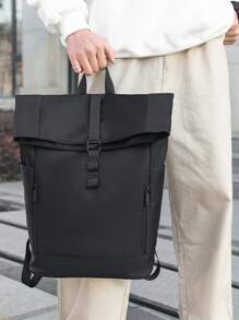 1 件男士背包，新款时尚卷顶翻盖双肩带背包，大容量，商务，休闲，运动，户外，旅行，防水尼龙，纯色，音乐节礼物 - 黑色 - 查看 4