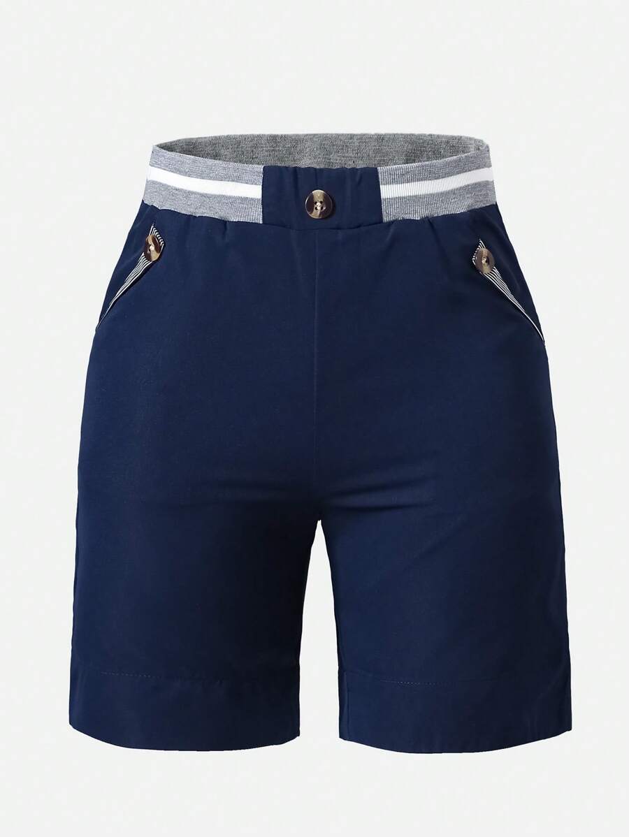 Tween Boys' Casual Summer Ribbed Waist 3-Button Shorts - Navy Blue - View 1