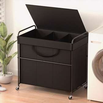 180L Large Laundry Hamper, 3 Compartment Laundry Basket With Lid, Removable Bag & Metal Structure With Industrial Wheels, Suitable For