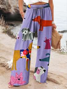 Bộ sưu tập quần ống rộng nữ mùa hè - Quần họa tiết động vật phong cách Boho với cạp chun và dây rút, quần ống rộng in họa tiết rừng nhiệt đới cho kỳ nghỉ, trang phục đi biển nhẹ nhàng, thoáng khí, phong cách Boho Chic thường ngày cho mùa xuân. - Màu xanh lam - Xem 4