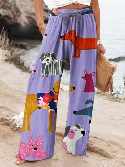 Dames zomercollectie met zwierige broeken - Boho broek met dierenprint, elastische taille en trekkoord, wijde pijpen met tropische jungleprint, perfect voor op vakantie, lichtgewicht, ademend, casual, boho-chic resortkleding voor de lente