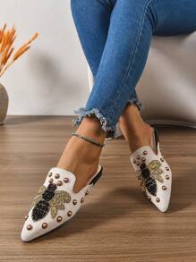 2025 Autumn New Women Rhinestone Animal Decor Fashionable Casual Versatile Mule Flats