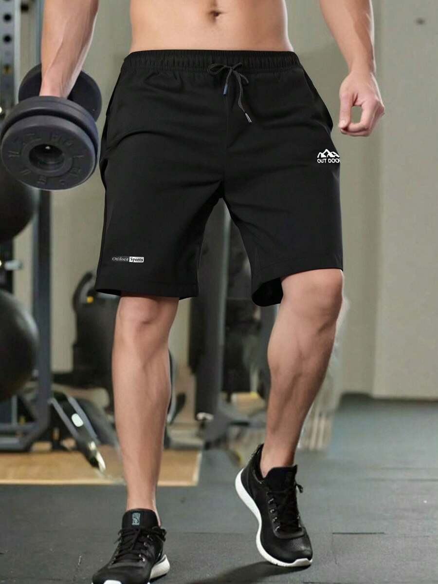 男士松紧腰拼接轻便夏季休闲户外徒步旅行运动短裤 - 黑色 - 查看 1