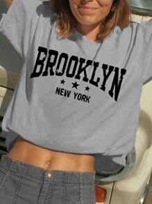 春夏女款图案灰色 T 恤，户外度假休闲风格，街头简约口号女孩时尚 T 恤，短袖圆领上衣