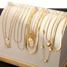 10pcs Boho Style Multi-Layer Flat Snake Chain Necklace Set, Fashionable Heart Pendant Necklaces, Women's Multi-Layer Stackable Necklaces, Charming Daily Wear & Party Accessories, Hip Hop Street Fashion (No Box) - Gold - View 10