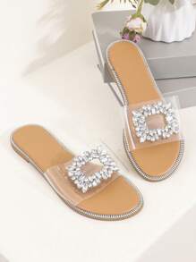 女士水晶扣带凉鞋，圆头舒适性感户外沙滩透明平底凉鞋
