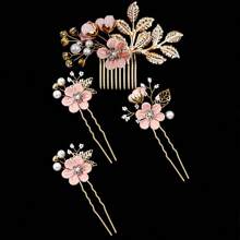 4pcs/Set Women's Hair Accessory, Gold-Tone Alloy Leaf Hairpin And Fabric Flower Comb Set, White Pearl & Rhinestone Hair Clip, Bride Wedding Hair Ornament Elegant Boho - Pink - View 7