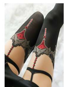 1 Pair Sexy Contrast Red Edge Thigh High Stockings With Garter Belt