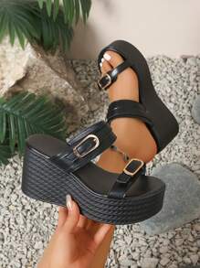 女士时尚系带镂空优雅厚底一脚蹬凉鞋，百搭适合夏季度假、日常、聚会、购物，舒适坡跟鞋 - 黑色 - 查看 2