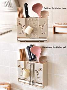 1pc Chopstick Cage Wall Mounted Household Non Perforated Chopstick Barrel Drain Thickened Kitchen Utensils Spoon Storage Box Large Capacity - Multicolor - View 3