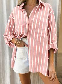 Spring Loose Casual Striped Color Block Rolled Sleeves Women's Long-Sleeved Shirts, Spring, Autumn, Summer And Winter Can Be Worn As Daily Wear Women's Long-Sleeved Tops, Women's Long-Sleeved Shirts For Women - Vermicelli - View 5