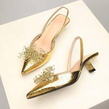 OMS Pointed-Toe Stiletto Heels For Women, 2025 Spring/Summer New French Style Open-Toe Breathable Backless Mid-Heel Dress Shoes, Elastic Band, Gold, Lightweight And Breathable For All Seasons