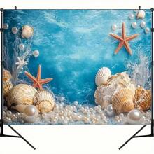 1 Piece Of Ocean Blue Background With Shells And Pearls - Vibrant Underwater Beach Party Decoration, Made Of Polyester Material, Perfect For Birthdays, Festivals, Theme Events, Beach Accessories