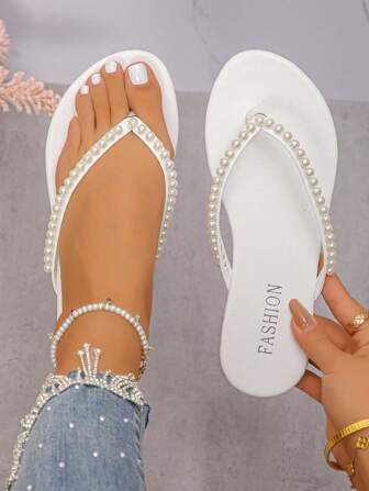Plus Size Women Pearl Thong Sandals, Versatile Flat Beach Slippers, Flip Flops Non-Slip Slides, Step Forward, Comfort Starts Here