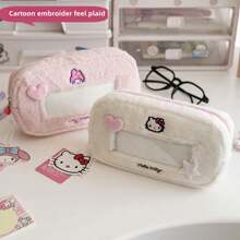 Sanrio 1pc Sanrio Hello Kitty Plush Transparent Window Pencil Case, Cute Cartoon Student Stationery Storage Bag With Zipper, Suitable For Birthday/Back To School Gifts