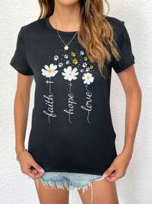 Faith Hope Love Simple Daisy Flower Crew Neck Short Sleeve Tee - Black - View 5