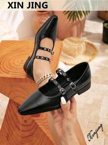 Xin Jing Shoes Zapatos planos para mujer con decoración de hebilla, zapatos planos casuales slip-on para el trabajo y uso diario - Negro - Ver 2