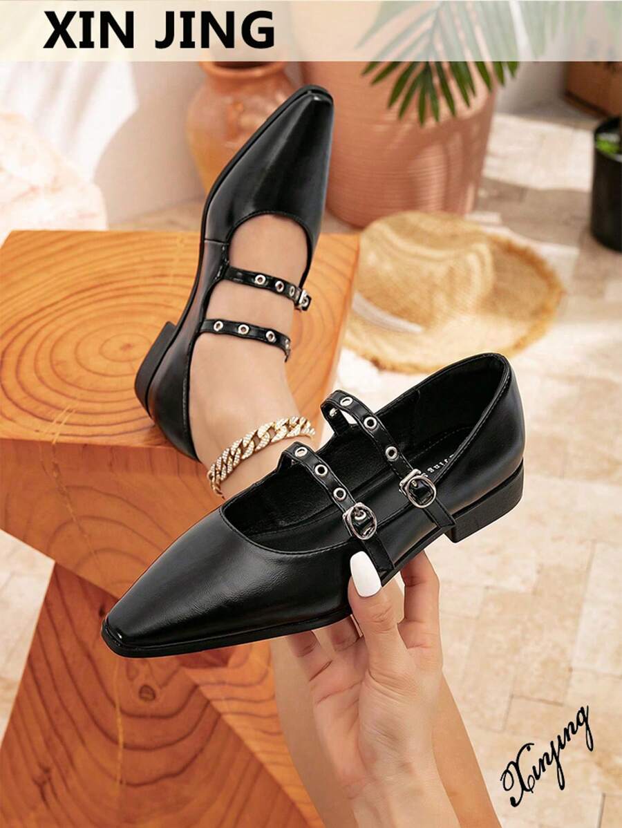 Xin Jing Shoes Zapatos planos para mujer con decoración de hebilla, zapatos planos casuales slip-on para el trabajo y uso diario