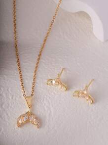 Zestaw 3 sztuk Vintage Miedziany Cyrkonia Rybi Ogon Wisiorek Naszyjnik i Kolczyki Zestaw Biżuterii Dla Kobiet, Luksusowy Elegancki Choker