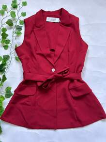 Steve Store Women's Fashion Tailored Blazer Vest Long With Formal Belt - 紅色 - 查看 3