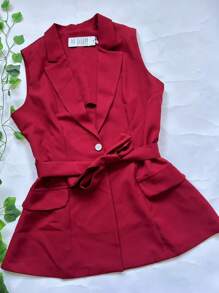 Steve Store Women's Fashion Tailored Blazer Vest Long With Formal Belt - 紅色 - 查看 5