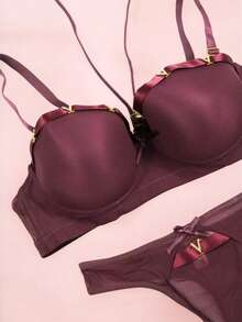 Beautiful Bra And Thong Set With Details In Mesh Fabric With Metal Appliqués, Sexy Lingerie, Various Colors, Comfortable And Of The Best Quality, Soft And Comfortable, To Show Off That Incredible Body. - 中紫紅色 - 查看 2