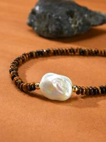 1 st. 18K vergulde natuurlijke parel en tijgeroog choker ketting voor vrouwen