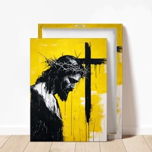 1pc Vintage Silhouette Of Jesus Christ With Crown Of Thorns Wall Arts, Yellow And Black Religion Posters, Framed Canvas Prints, College Dorm Apartment Decor, Gifts For Wall Decoration In Hotel And Home, For Living Room, Bedroom, Bathroom And Office Birthday Graduation