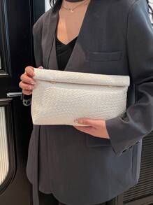 Fashionable Solid Color Handbag, PU Material Large Capacity Flap Magnetic Closure Square Bag, Crocodile Pattern Women's Purse, Multipurpose Party Evening Bag, Suitable For Women Travel And Shopping - White - View 4