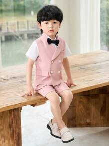3 Peças Conjunto de Colete + Shorts + Gravata Borboleta para Meninos, Traje Formal Adequado para Apresentação Escolar, Pajem de Casamento, Ocasiões de Feriado, Verão