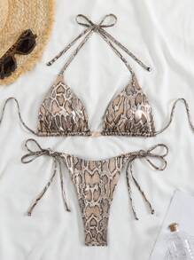 Snakeskin Print Sexy Bikini Set Swimwear, Tight Fitting Low-Back Spaghetti Strap Two-Piece Swimwear, For Summer Beach Vacation