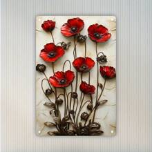 Room Decor 1pc, 3D Red Poppy Flowers Metal Sign, 7.8x11.8 Inch, Rustic Antique Effect Wall Art, Easy To Hang Decor For Home, Kitchen, Bedroom, Garden, Bathroom, Garage, Hotel, Office, Bakery