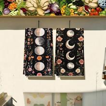 1set/2pcs Bohemian Floral Moon Pattern Towel - Super Soft Polyester, Machine Washable, Vintage Coffee Table Theme, Woven Rectangular Kitchen/Bathroom/Napkins, Home Decor, Ideal Gift For Coffee Lovers, Gift, Perfect For Holiday Party Decorations