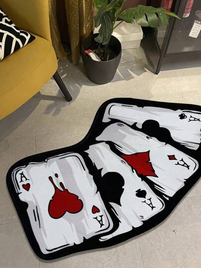 1pc Cute Ins Style Playing Card Pattern Carpet, 1000g Velvet + TPR Waterproof Bottom, Fashionable & Interesting Fluffy Anti-Slip Wear-Resistant Irregularly Shaped Bedside Rug, Suitable For Living Room, Bedroom, Kitchen, Bathroom, Laundry Room, Game Room, Girls/Boys Room Decoration, Home Decor, All Seasons