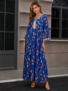 Women's Printed Dress Evening Long Dress With Embroidered Lace V Neck Robe Dubai Morocco - Blue - View 6