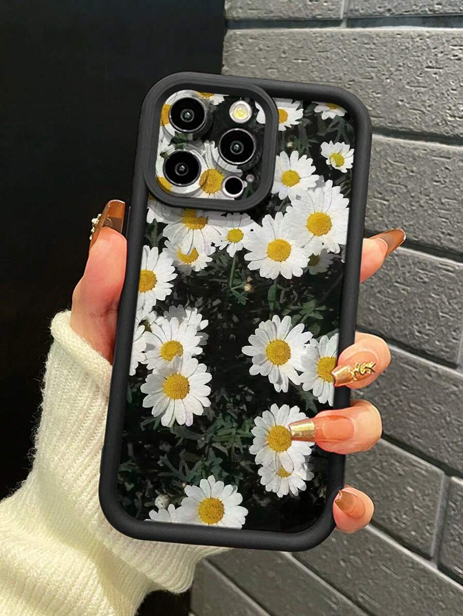 Summer 1pc Minimalist White Daisy Flower Pattern IPhone 16 Case, Luxury Black Full Body Protective Shock-Proof TPU Thick Phone Case