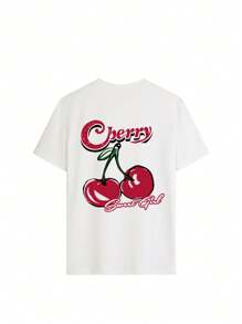 Camiseta casual feminina com estampa de cereja vermelha e gola redonda, manga curta, elegante e versátil para uso diário na primavera/verão