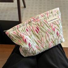 1pc Pink Tulip Pattern Makeup Bag, Large Capacity Skincare Storage Cosmetic Organizer Pouch For Women
