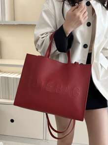 大容量时尚字母印花手提包，纯色简约斜挎包，女士休闲手提包单肩包钱包，时尚办公商务休闲包 - 紅色 - 查看 2