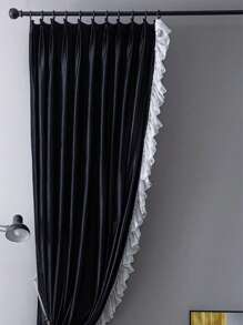 1 pieza Cortina premium de terciopelo negro con borde de encaje, elegante para villa, casa, sala de estar, decoración de dormitorio
