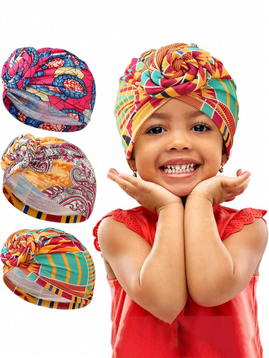1 件儿童癌症头饰非洲结预绑头巾柔软弹力头巾，适合男孩女孩，随机产品标签