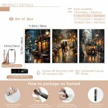 3pcs/Set Unframe Cafe After The Rain, A Couple Walking In The Rain, Old Tram On The Streets Of London At Night Black And White Canvas Print Artwork, Can Be Decorated In The Living Room, Bedroom, Office, Posters, Wall Art, Room Decoration Stuff,Modern, Travel,Botanical Gifts Birthday Graduation