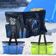 1 Oversized Mesh Beach Bag, Breathable Mesh Tote Bag With Zipper And Side Pockets, Portable Multi Pocket Large Capacity Organizing Toy Storage Bag, Foldable Outdoor Picnic Bag, Gift Gift Bag