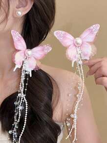 1 件锌合金网状蝴蝶珍珠流苏发夹，可爱甜美氛围，多功能发饰适合旅行、摄影、度假、日常使用 - 彩色 - 查看 4