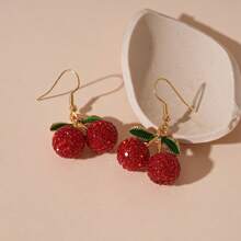 1 对时尚流行可爱樱桃形水滴水钻吊坠耳环