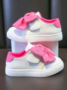 1 Pair Girls' Bowknot Decor Casual Fashion Leather Sneakers, Suitable For All Seasons