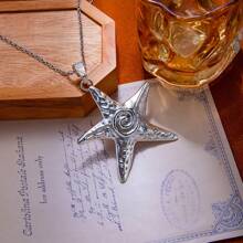 1pc Vintage Pentagram Necklace Pendant, Textured Sea Star Design Sweater Chain, Fashion