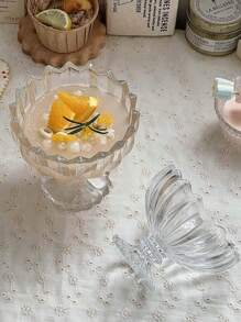 1pc Ruffled Vertical Stripe Short Glass Cup, Ins Minimalist Ice Cream Cup, Cute Pudding Cup, Coffee Cup, Milk Tea Cup, Suitable For Home, Restaurant, Cafe